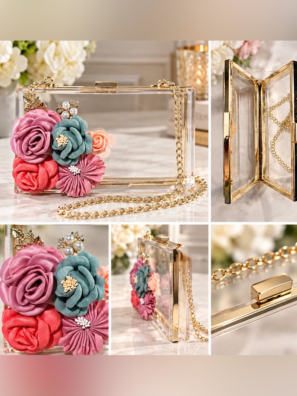 Beautiful and Unique Floral Clutch with Elegant Chain and Hardware, New W/O Tag